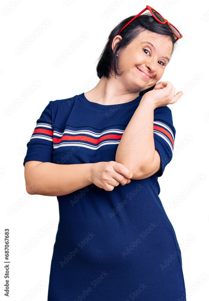 Sticker Brunette woman with down syndrome wearing casual clothes smiling happy pointing with hand and finger to the side