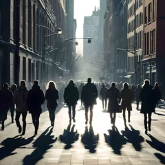 Fotobehang An energetic urban scene, focusing on the movement of people, emphasizing the contrasts between light and shadows in a lively street setting © Jaco