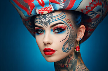 a woman with a hat on her head and tattoos on her face and neck and neck, with a blue background,  cloisonnism, generative ai