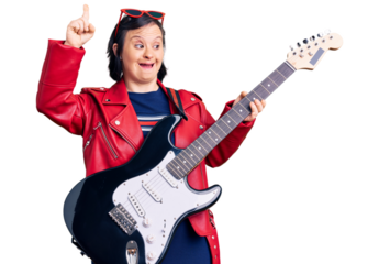Brunette woman with down syndrome playing electric guitar surprised with an idea or question pointing finger with happy face, number one