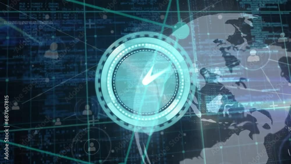 Poster animation of clock moving, globe of connections and data processing