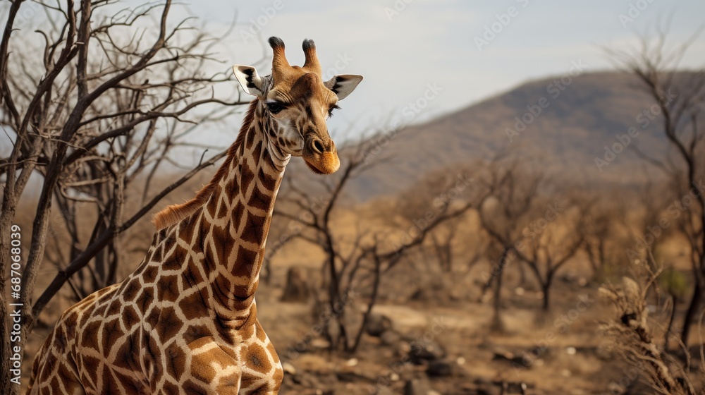 Poster a giraffe standing in the middle of a field with a tree in the background and a giraffe standing in 