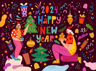 Obraz na płótnie Canvas 2024 vision. 2024 vector illustration with funny people characters. New Year holiday decorative card. People celebrate the New Year. New Year holiday background