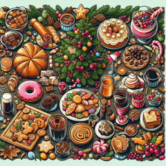Christmas treats in table with Christmas tree illustration