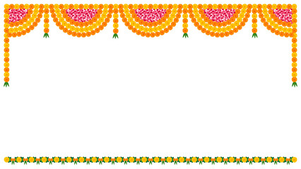 Traditional indian garland marigold toran floral vector wedding and festival decoration,  Diwali decoration Toran border on transparent background PNG - obrazy, fototapety, plakaty