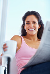 Portrait, smile and woman drinking coffee with newspaper in home, espresso or latte for breakfast...