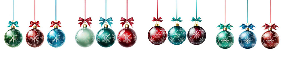 A set of Christmas Baubles in Blue, Red, Green, and Clear Varieties, Adorned with Snowflake Glitter Patterns, Hanging from a Ribbon and Bow Isolated on a transparent Background