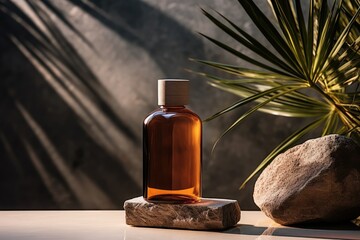 Dark glass bottle on the stone wall background with sunlight and palm leaf.