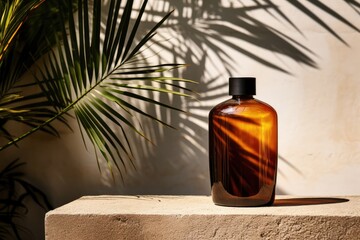Dark glass bottle on the stone wall background with sunlight and palm leaf.