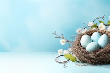 Easter eggs in a nest on a blue background