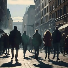 An energetic urban scene, focusing on the movement of people, emphasizing the contrasts between light and shadows in a lively street setting