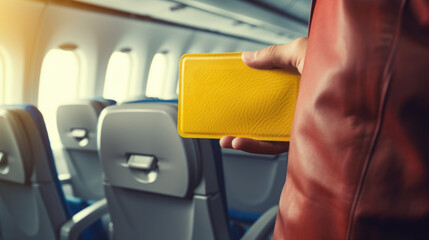 Closeup cutted portrait of a man traveler hand holding yellow wallet mockup, he stands inside of a airplane with blurred seats and windows background - obrazy, fototapety, plakaty