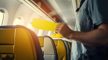 Closeup cutted portrait of a man traveler hand holding yellow paper mockup, he stands inside of a airplane with blurred seats and windows background - Powered by Adobe