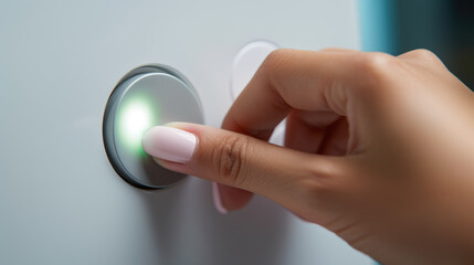Woman hand finger pressing a button