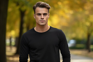 Close Up of a Male Model Showcasing a Classic Black Cotton T-shirt Against a Seasonal Background Autumn Elegance 