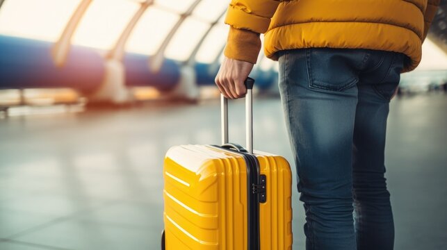 Close up man walking in airport with yellow suitcase