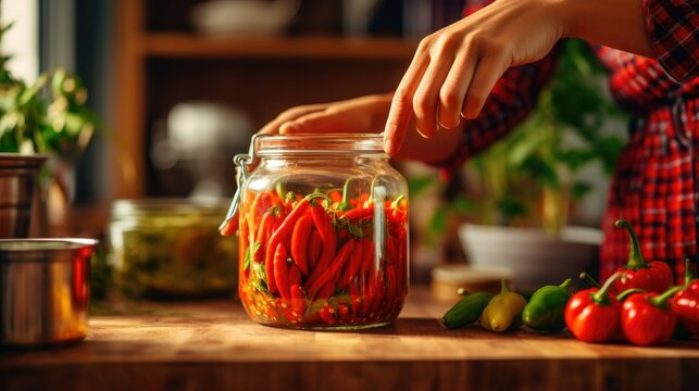 Woman making homemade pickling and putting red chili pepper in a glass jar