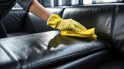Closeup woman hand in yellow glove cleaning black leather sofa - obrazy, fototapety, plakaty