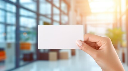 Closeup woman hand holding white blank paper on an office background