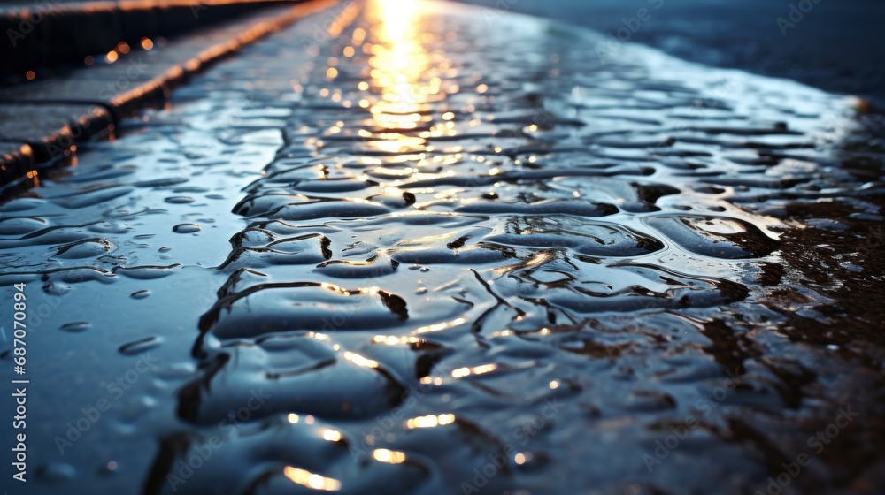 Poster a close up of a person walking on a wet ground with a umbrella in the background and a person walkin