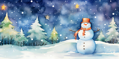 Fototapeta premium Snowman on Glistening Snow in a Whimsical Watercolor Card A Charming Christmas Cartoon Scene Frosty Friend Under Starry Skies
