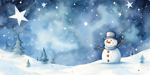 Snowman on Glistening Snow in a Whimsical Watercolor Card A Charming Christmas Cartoon Scene Frosty Friend Under Starry Skies