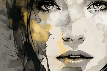 Abstract Drawing of a Girl's Face in Black Ink with Gray and Gold Accents Vintage and Harmonious Color Style Wallpaper Timeless Beauty