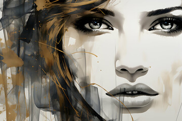 Abstract Drawing of a Girl's Face in Black Ink with Gray and Gold Accents Vintage and Harmonious Color Style Wallpaper Timeless Beauty