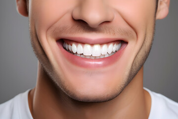 Fototapeta premium Young Man Radiates Confidence with a Beautiful Smile on a Neutral Grey Background Showcasing the Brilliance of Teeth Whitening Dazzling Smile