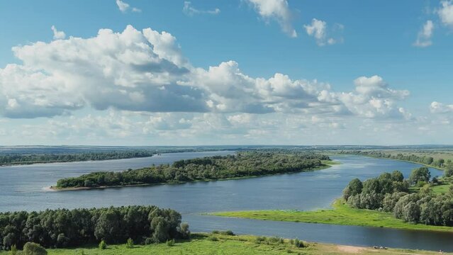 Picturesque view of the Kama River from the observation deck at the Yelabuga settlement. The movement of clouds over the river. Lower Kama National Park. Yelabuga, Republic of Tatarstan, Russia, 4K