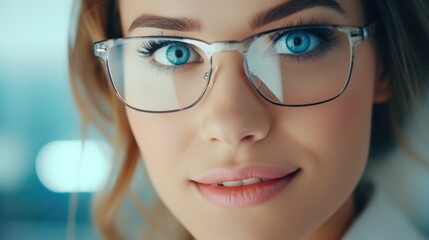 Closeup portrait of a beautiful woman wearing eyeglasses - obrazy, fototapety, plakaty