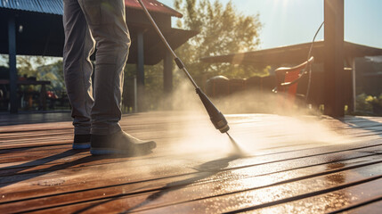 Man cleaning the terrace wooden floor with high pressure cleaner - obrazy, fototapety, plakaty