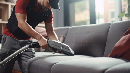 Service worker cleaning the sofa with vacuum cleaner - obrazy, fototapety, plakaty