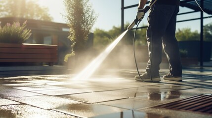 Man cleaning the terrace wooden floor with high pressure cleaner