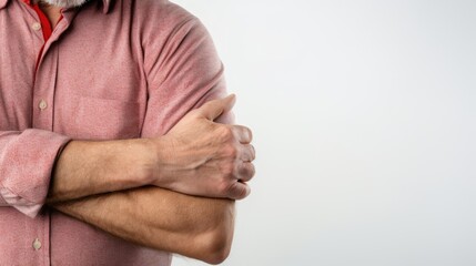 Closeup man having hand pain holding his elbow with space for copy 