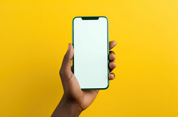 hands holding a blank smartphone in front of a yellow background