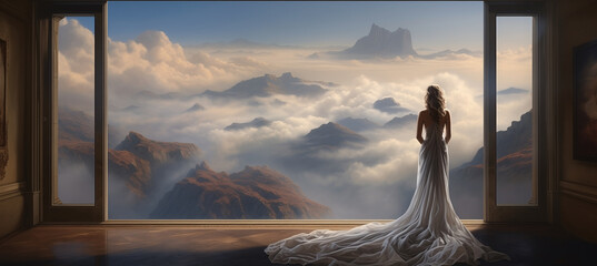 Princess standing alone one the edge of a high castle balcony in a beautiful elegant gown dress, looking out at the distant highland mountain valley landscape and waiting for her love to return. - obrazy, fototapety, plakaty