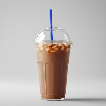 Iced coffee in a disposable to-go plastic cup with a lid and straw isolated on a white background