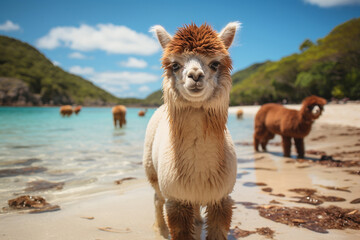 Alpaca or lama on a tropical beach, travel and wanderlust concept, blue sea, exotic vacation destination