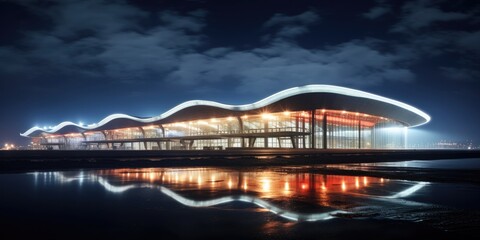 Obraz premium A building that is lit up at night. Generative AI.