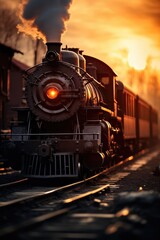 Naklejka premium A steam engine train traveling down train tracks. Generative AI.