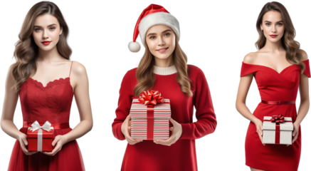 Set of 3 girls in Red Dress with gift box in hand for advertisement, Christmas Day and New Year without Background - Generative AI