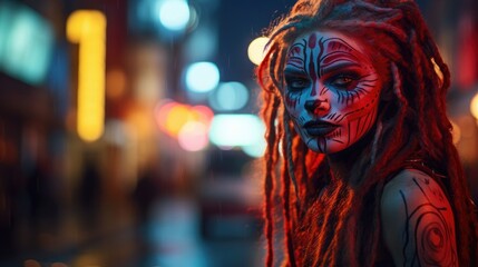 A woman with dreadlocks and face paint. Generative AI.