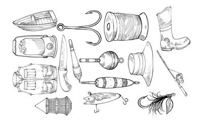 fishing tools handdrawn collection