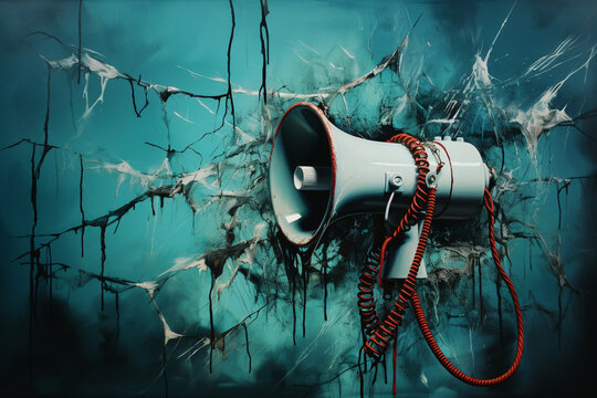 Censorship free speech, cancel culture, censored media, world press freedom day, megaphone with barbed wire