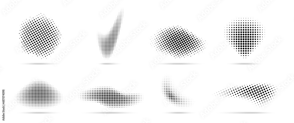 Wall mural set of halftone dots curved gradient pattern texture isolated on white background. curve dotted spot