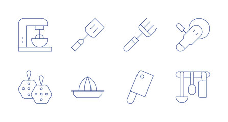 Utensil icons. Editable stroke. Containing mixer, spatula, loofah, juicer, fork, butcher, polisher, rack.