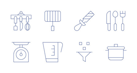 Utensil icons. Editable stroke. Containing grill, cooking tools, scale, rasp, measure cup, filter, cutlery, cooking pot.