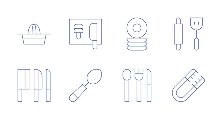 Utensil icons. Editable stroke. Containing squeezer, knives, cooking, dish, spoon, cutlery, kitchen tools, tongs.