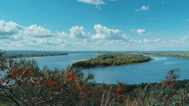 Picturesque view of the Kama River from the observation deck at the Yelabuga settlement. The movement of clouds over the river. Lower Kama National Park. Yelabuga, Republic of Tatarstan, Russia, 4K